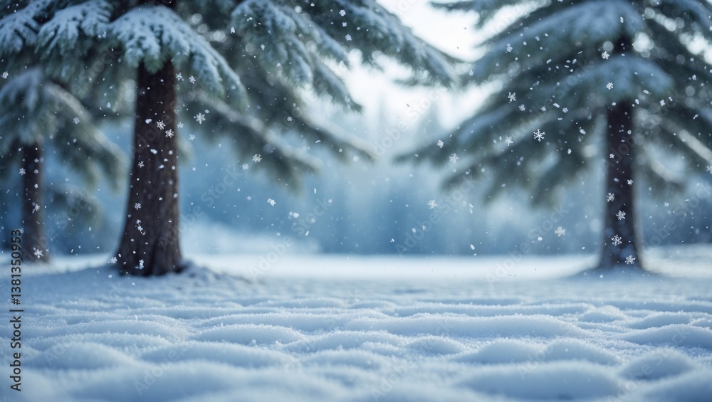 Poster Holidays greeting card featuring blank space. Snowy winter scenery with fir trees and falling snow. Winter backdrop with snow and soft bokeh effect.