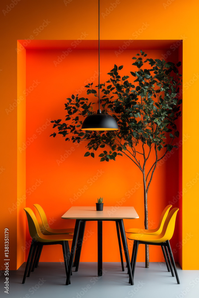 Aufkleber a refined minimalist setup with a smooth orange wall and glossy yellow chairs around a neutral