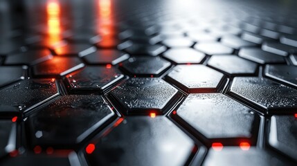 Obraz premium Hexagonal futuristic surface with red lights and water droplets