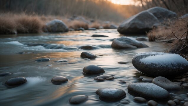 horizontal orientation color image, captured with a slow shutter speed, to depict water flowing over rocks with ice formations.