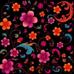 Abstract colorful background with swirling patterns of flowers, waves, and abstract shapes art illustration design