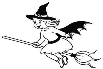 Fototapeta premium Cartoon Witch Girl Flying on Broomstick with Cape Isolated 