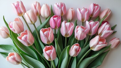 Obraz premium Bouquet of pink tulips set against a white background.