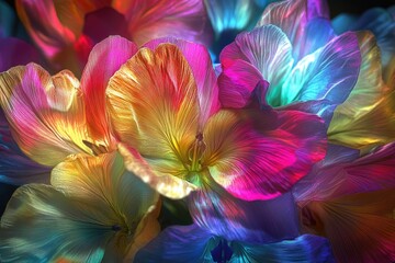 Vibrant, iridescent flower petals in a rainbow of colors, showcasing intricate textures and details.