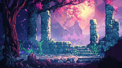 Pixel art game background or cartoon in pixel art style with trees, sunset, sunrise, arch, ruins, bushes and nature. Pixel art retro game level, 8 bit 2d video game background