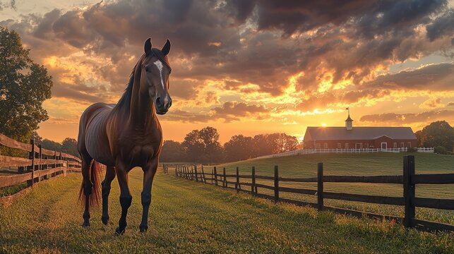 Majestic Horse at Sunset on a Kentucky Farm