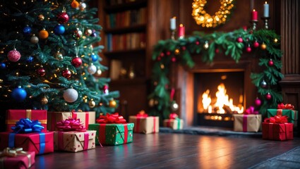 Classical adorned living room library featuring a fireplace. Tree with ornament decorations. Modern classic style interior design apartment. Evening at home.