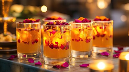 A food counter serving Eid-themed beverages in elegant glasses topped with rose petals and saffron garnishes