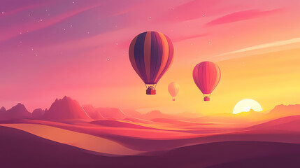 Breathtaking desert landscapes with vibrant hot air balloons drifting across the sky at sunset capturing the essence of adventure and. Drifting Essence. Illustration
