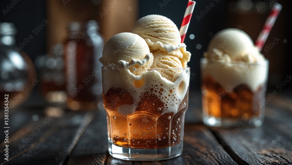Poster homemade soda ice cream float served with a straw