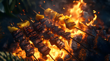 A night barbecue party with glowing embers, skewers of grilled steak, and juicy pineapple.