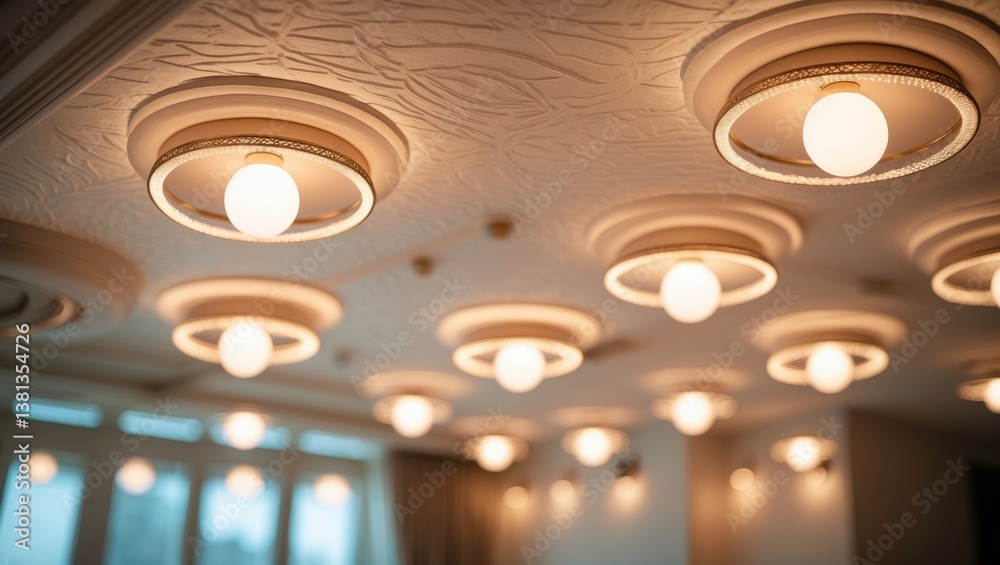 Poster halogen ceiling lamps illuminating a room with a soft warm color tone.