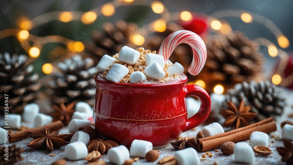 Poster warm beverage topped with marshmallows and a candy cane in a red mug. pine cones and spices in the b