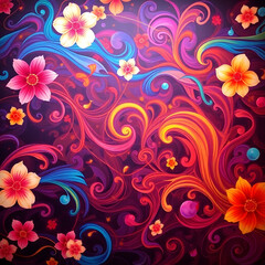 Abstract colorful background with swirling patterns of flowers, waves, and abstract shapes art illustration design