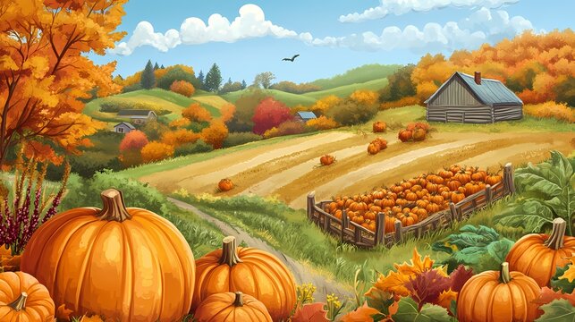 Autumn pumpkin harvest scene in a rural landscape