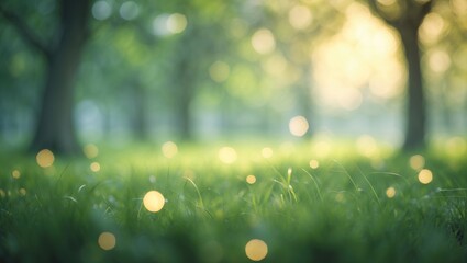 Obraz premium Blurred nature bokeh in a green park alongside a beach with tropical coconut trees.