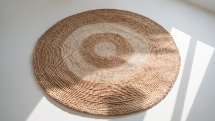 Beige modern beautiful soft round carpets mat featuring a textured pattern, viewed from above.