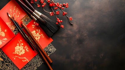 A set of Chinese calligraphy brushes and ink placed beside beautifully decorated red envelopes