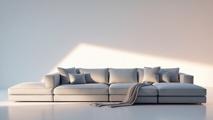 Sleek modern sofa made of white fabric with fabric draped, set against a plain background.