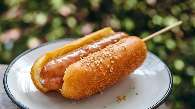 Golden brown corndog with ketchup and mustard