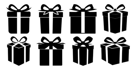 Collection of Eight Black Silhouettes of Gift Boxes with Bows