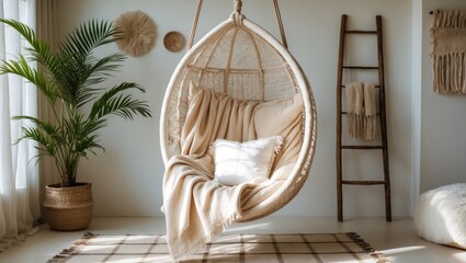 Hanging swing suspended on ropes in a living room featuring plush beige plaid and pillows. A space to unwind at home in a natural boho style.