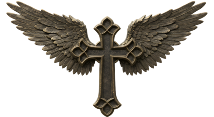 Ornate Cross with Wings Metal Sculpture on White Background