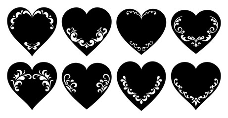 Eight Black Hearts with Intricate White Floral Designs Collection of Valentines Day Decorations