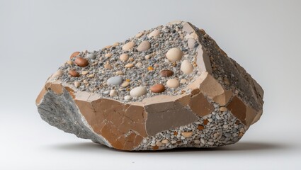 Natural specimen of conglomerate - sedimentary rock made up of rounded or sub-rounded gravel and pebbles bound by calcium carbonate on a white background.