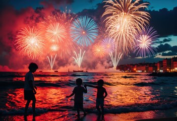 Fototapeta premium Colorful fireworks illuminate the night sky over a beach with children playing