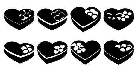 Eight Heart Shaped Chocolate Boxes with Different Candy Fillings Valentine's Day Sweets Collection