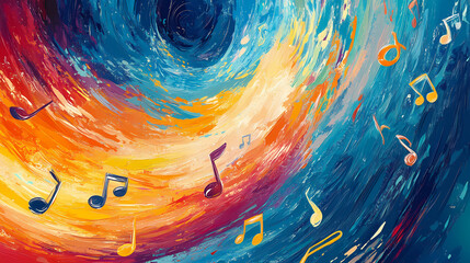 This vibrant image features colorful musical notes drifting in a whimsical, abstract swirl, capturing the essence of music and creativity in an artistic form. Drifting Essence. Illustration