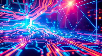 3D Circuit Board with Glowing Lines. A 3D render of a circuit board with glowing lines and a geometric frame, creating a futuristic and high-tech design