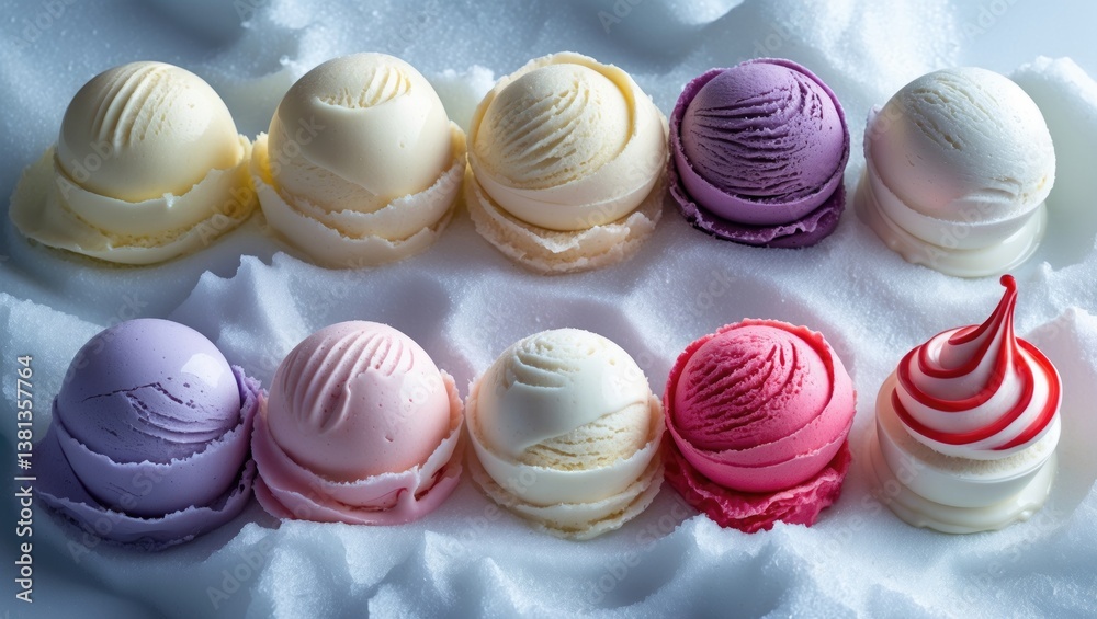 Poster ice cream scoops in various flavors set against a clean background