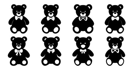 Eight Adorable Black Teddy Bears with White Bows Collection