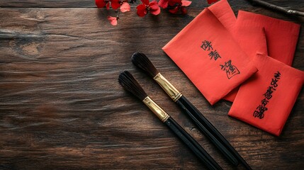 A set of Chinese calligraphy brushes with ink placed near a pile of red envelopes on a wooden desk