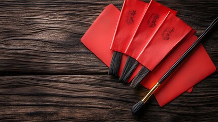 A set of Chinese calligraphy brushes with ink placed near a pile of red envelopes on a wooden desk