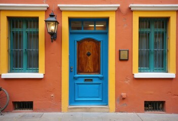 Vibrant blue door framed by colorful orange and yellow walls