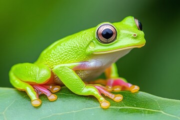 Obraz premium Neon green tree frog with big curious eyes, perched on leaf tip, minimal bluish background for tropical amphibian focus
