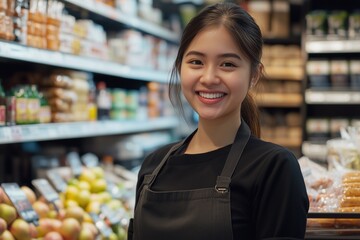 Portrait of a smiling saleswoman in a supermarket, friendly and approachable expression, neatly dressed in uniform