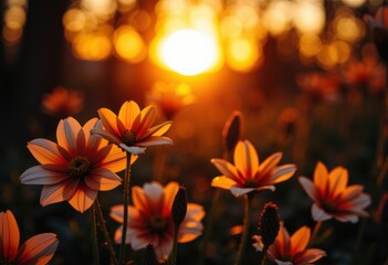 Naklejka premium Beautiful flowers illuminated by the warm glow of a sunset