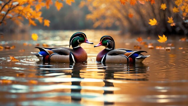 Image of a pair of Wood Ducks foraging in a pond.