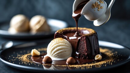 Molten Chocolate Lava Cake with rich chocolate cascading over ice cream.