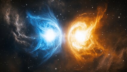 Two cosmic entities, blue and orange, clash in the vastness of space
