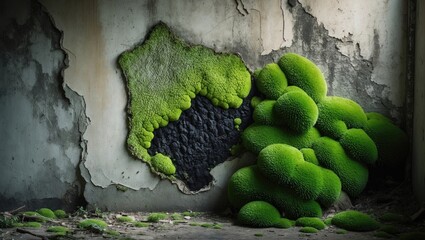 Mold and moss proliferating on a wall, exhibiting a notable mildew stain indoors.