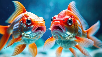 Mockup template banner featuring two fishes with open mouths in a fishtank, amazed, astonished, surprised, and shocked concept, copyspace available for text.