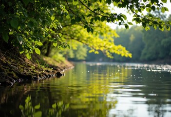 Obraz premium Serene river scene with lush green foliage reflecting on calm water