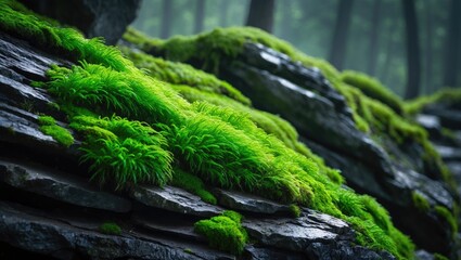 Moss flourishes on the rugged rocks within the forest. Moss backdrop.