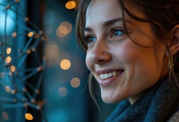 A young woman smiling warmly while gazing out a window with soft lights