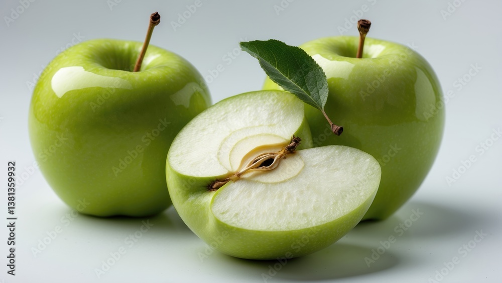 Poster Group of ripe apples with apple leaf and a slice isolated on a white background. Apples and apple cut with clipping path.